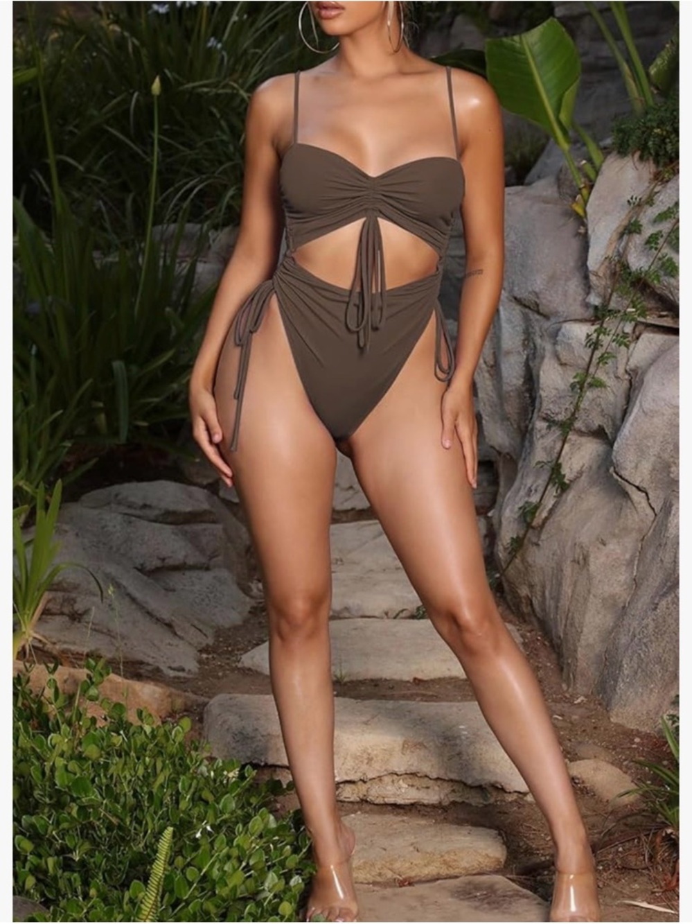 Women’s Brown Cutout One-Piece Swimsuit with Side Ties - Picture 4 of 8